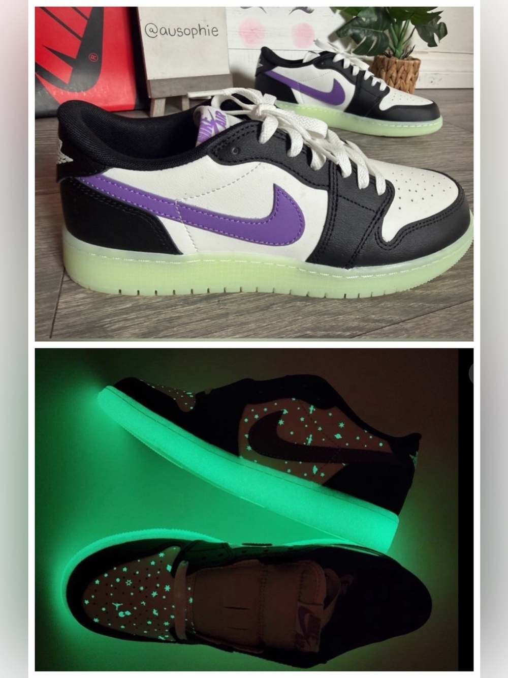 Nike Air Jordan 1 Retro Glow Sole Low Top Sneakers Black & Black Raspberry. 7 Y